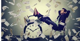 Man with feet on clock amid money