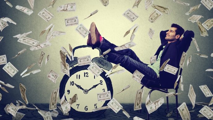 Man with feet on clock amid money